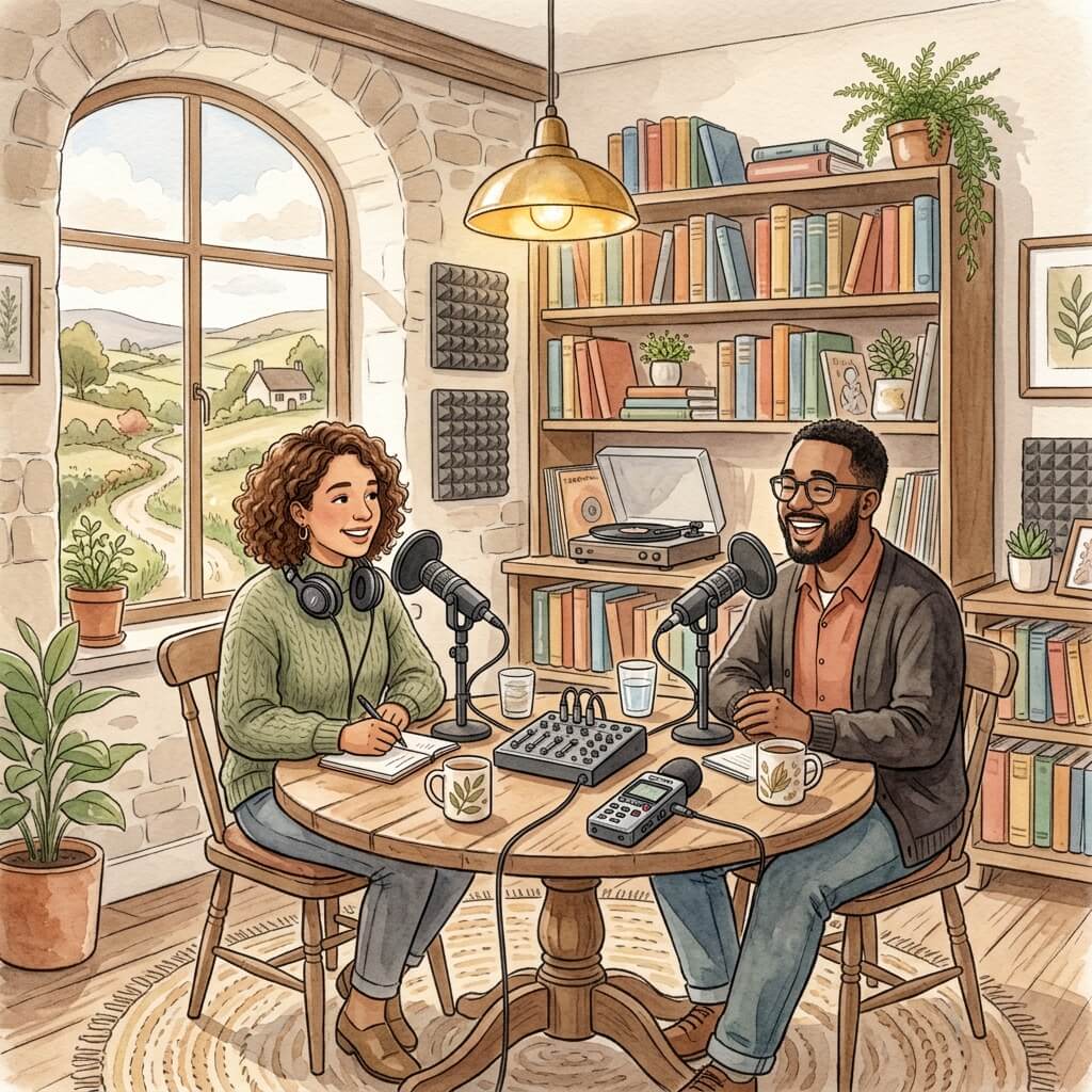 Podcast hosts recording a conversation in studio